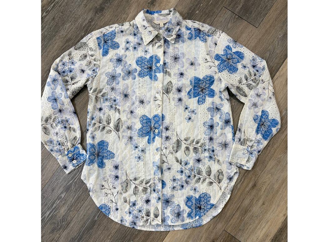 Adiva Button Front Blouse Medium Blue Floral Sheer Long Sleeve Shirt Top